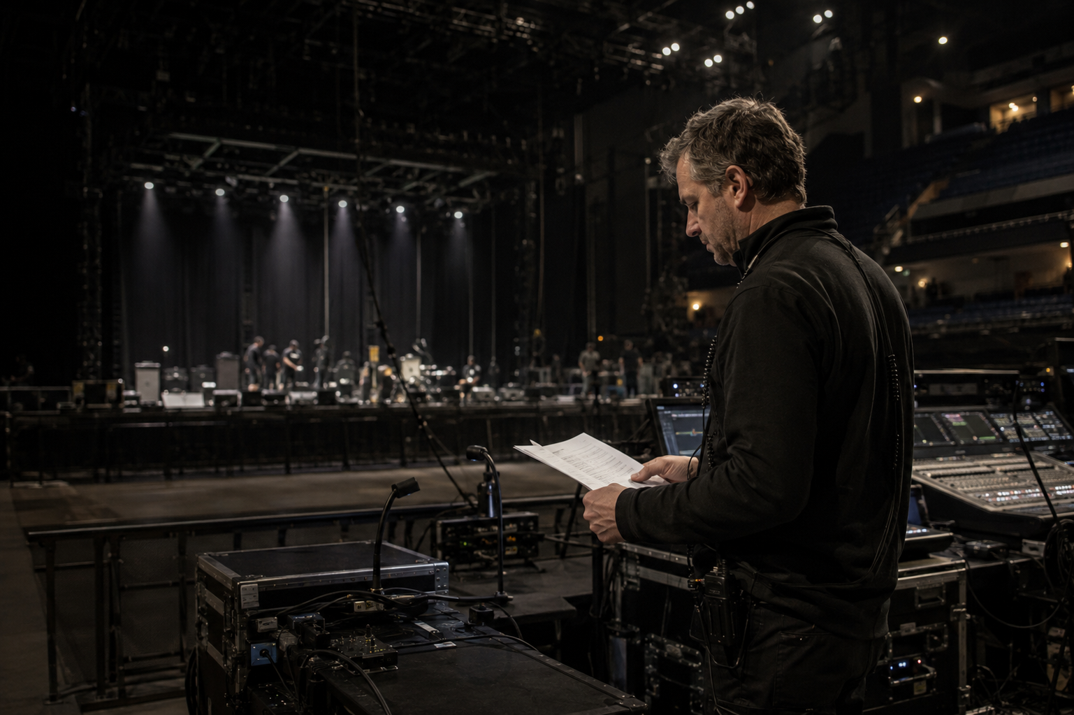 Tour manager reviewing show details at front of house before a performance